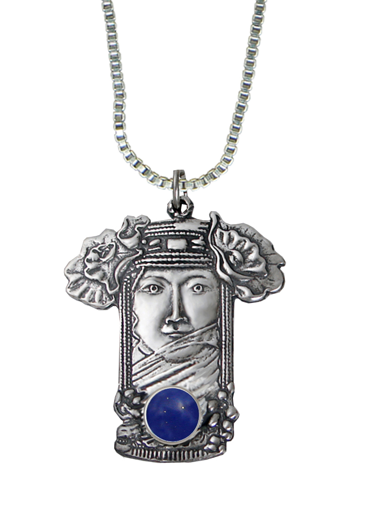 Sterling Silver Veiled Woman Maiden Pendant With Lapis Lazuli